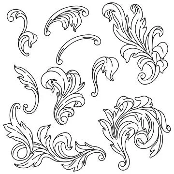 Decorative set of floral elements in baroque style. Engraved black curling plant イラスト素材