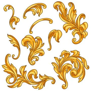Decorative set of floral elements in baroque style. Golden curling plant. Illustrazione stock