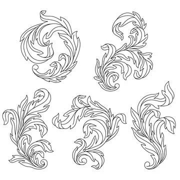 Decorative set of floral elements in baroque style. Engraved black curling plant Illustrazione stock