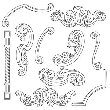 Decorative set of floral elements in baroque style. Engraved black curling plant Illustrazione stock