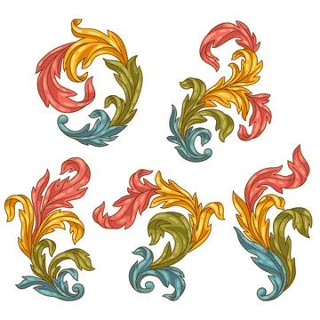 Decorative set of floral elements in baroque style. Colorful curling plant. Illustrazione stock