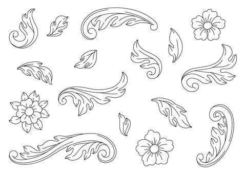 Decorative set of floral elements in baroque style. Black curling plant. Illustrazione stock