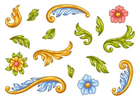 Decorative set of floral elements in baroque style. Colorful curling plant. Illustrazione stock