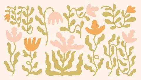 Decorative set of hand drawn abstract flowers and organic leaf shapes in soft Stock Illustration