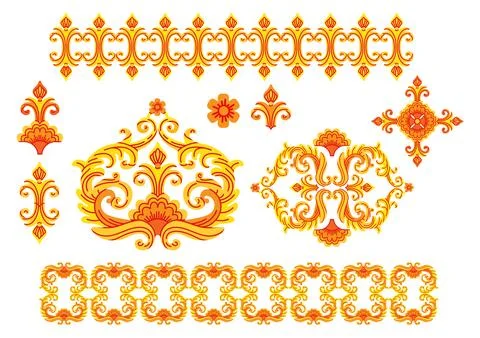 Decorative set of red and yellow ornaments and shapes vector Illustrazione stock