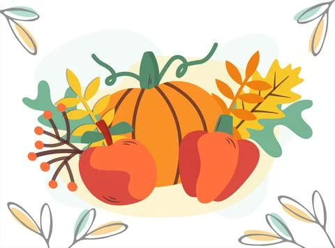Decorative set of vegetables, fruits, leaves. Autumn mood greeting card poste Stock Illustration