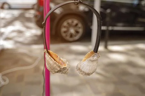 Decorative shell headset on a sidewalk with a car backdrop Stock Photos