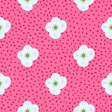 Decorative simple flowers seamless pattern in kids style. Pink bright dotted  스톡 일러스트