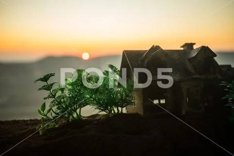 Decorative small wooden house on the sunset background. Stock Photos
