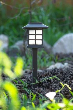 Decorative solar LED lantern, mulch and perennial grass, flowerbed border w.. Stock Photos