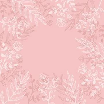 Decorative spring pink background with hand drawn flowers, branches with leav Stock Illustration