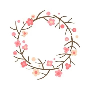 Decorative spring wreath. Frame from blooming branches of sakura and cherry Stock Illustration