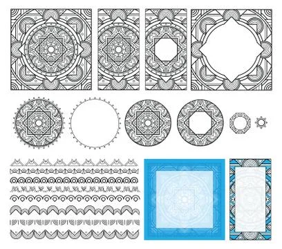 Decorative square pattern. Set frames, brushes, templates for design. Stock Illustration