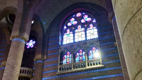 Decorative stained-glass window inside the Hospital of the Holy Cross and Saint Stock Footage 340600588