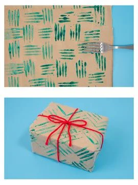 Decorative stamps tutorial using a fork and paint to create unique wrapping.. Stock Photos