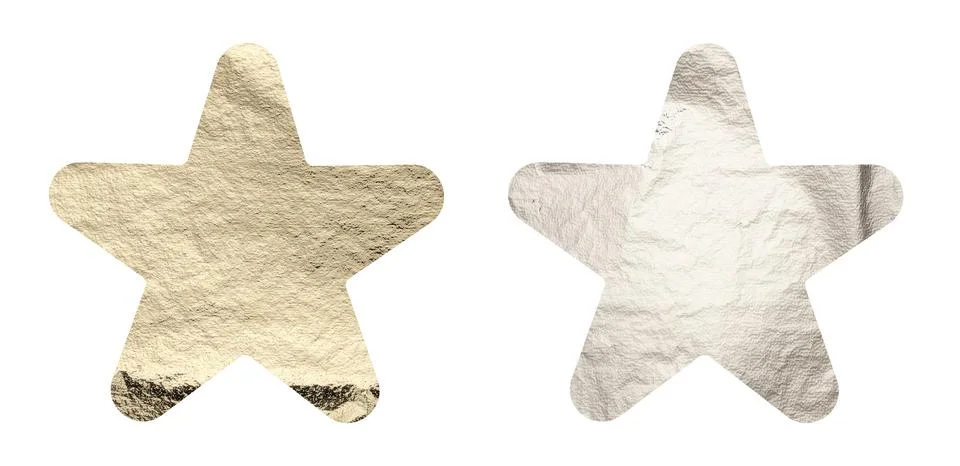 Decorative star design elements made of shiny metallic foil in gold and silve Stock Photos