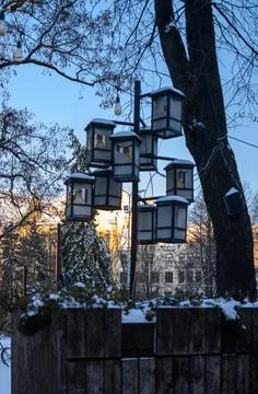 Decorative Street Lamp Post with Multiple Vintage Lanterns in Riga Old Town.. Stock Photos