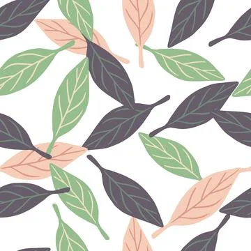 Decorative style seamless pattern with random green, pink and purple leaf orn 스톡 일러스트