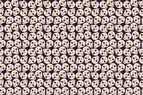 Decorative Sugar skulls Seamless pattern on dark violet background. Day of the Stock Illustration