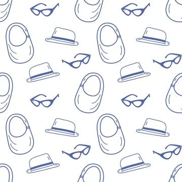 Decorative Summer seamless pattern with hats, sunglasses and beach bags in Illustrazione stock
