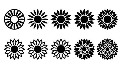 Decorative sunflower elements and abstract geometric flower designs. Stock Illustration