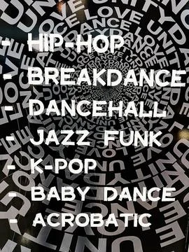 Decorative text art showcasing various dance styles on a circular pattern b.. Stock Photos