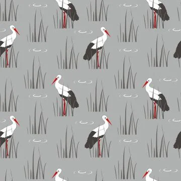 Decorative texture with cranes and cane. Seamless pattern vector Stock Illustration