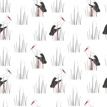 Decorative texture with standing cranes, and reed. Seamless pattern. Vector i Stock Illustration