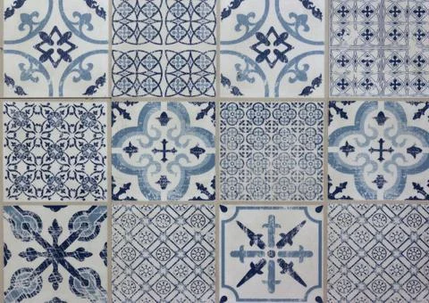 Decorative tile pattern patchwork design - blue, white Foto stock