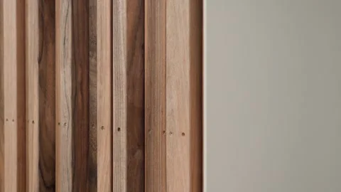 Decorative timber screen wall lining vertical wooden slats architectural Video stock 331429994