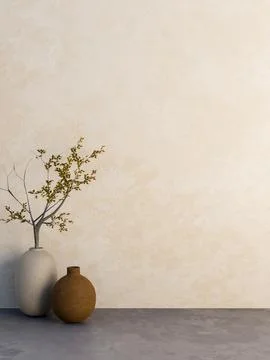 Decorative tree branch in oval vase on grey cement floor aside white old vi.. Stock Illustration