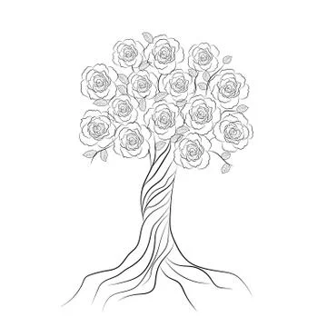 Decorative tree with flowers isolated on white background Stock Illustration
