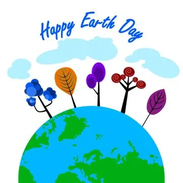 Decorative trees, earth planet, clouds and and simple text isolated on white Stock Illustration