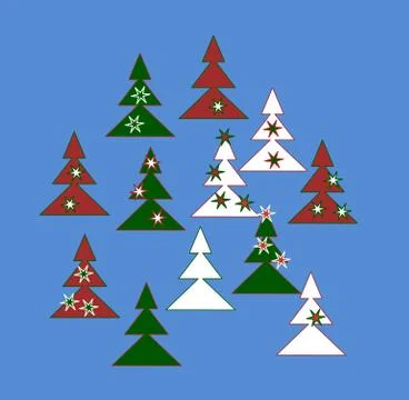 Decorative trees in white, red and green colors with stars Stock Illustration