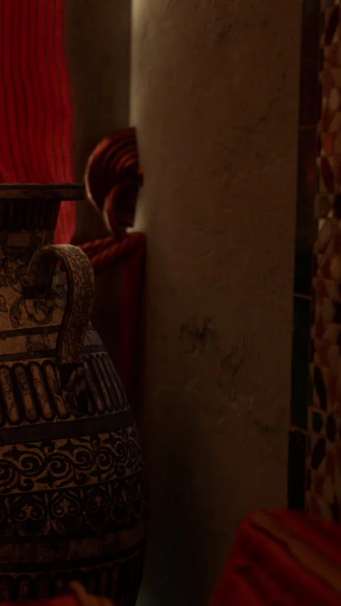 Decorative vase placed near a wall in an indoor setting with dim lighting Stock Footage 339509887
