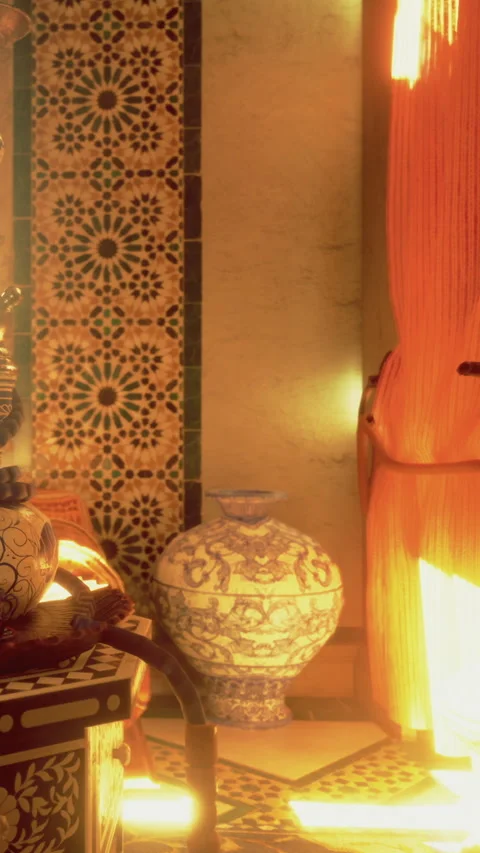 Decorative vases in an interior with warm lighting and patterned walls Stock Footage 331768186