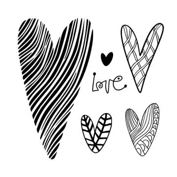 Decorative vector hearts. Decorations for Valentine day. Hand drawn heart pri Stock Illustration