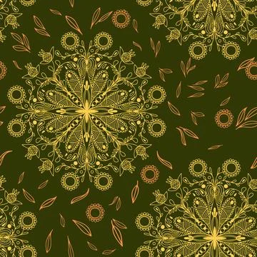 Decorative vector mandala seamless pattern in green and yellow colors Illustrazione stock