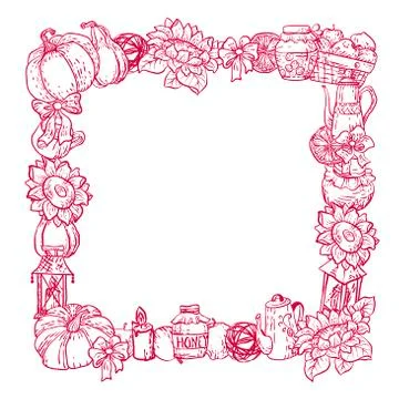 Decorative vector square border frame with houdehold harvest season stuff 스톡 일러스트