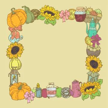Decorative vector square border frame with houdehold harvest season stuff Stock Illustration