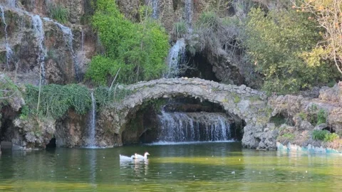 Decorative Waterfall Flowing into Pond Beneath Stone Bridge, 4K Stock Footage 339499746