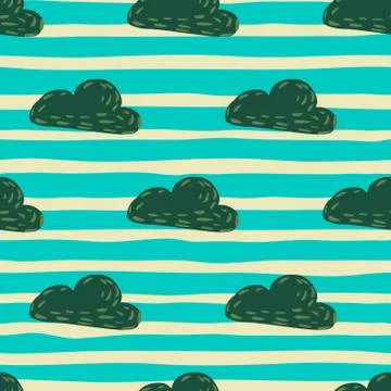 Decorative weather print with green cloud ornament. Seamless pattern. Blue st 스톡 일러스트