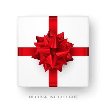 Decorative white gift box with red bow and ribbon isolated on white background Stock Illustration