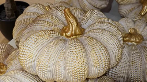 Decorative white pumpkins with gold polka dots and gold stems Stock Footage 344674805