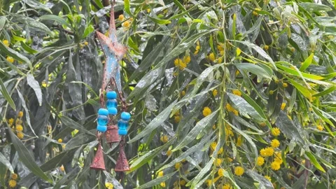 Decorative Wind Chime With Blue Beads in Rain - 4K Vidéo 317723306