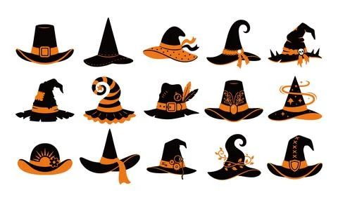 Decorative witch hat collection with magical and ornate elements 스톡 일러스트