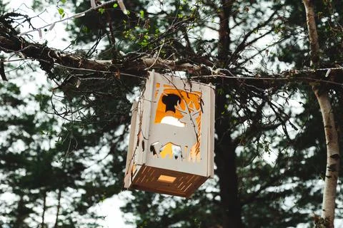 Decorative wooden lantern handmade rectangular shape with the image of a rein Stock Photos