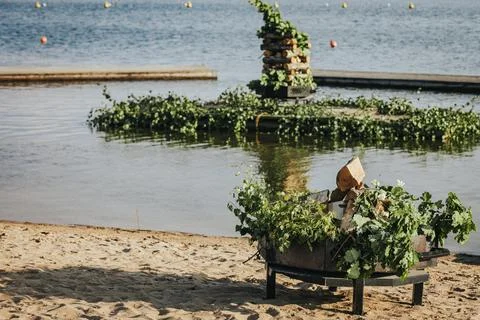 Decorative wooden structure surrounded by greenery placed on sandy beach ne.. 스톡 사진