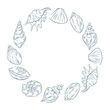 Decorative wreath design with seashell in line art style. Perfect for sea life Stock Illustration