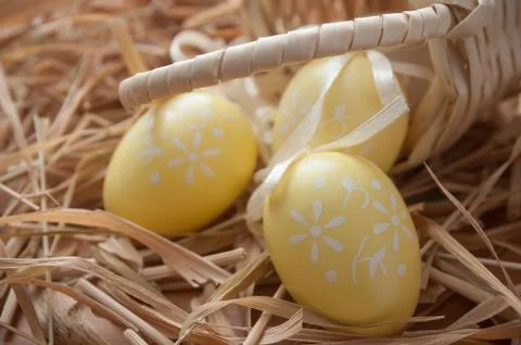Decorative yellow easter eggs In a nest Stock Photos